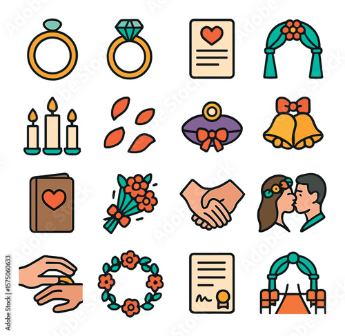 Wedding Ceremony Symbols modern flat .Wedding ring, engagement ring, wedding vows, altar arch, unity candle, flower petals, ring pillow, wedding bells, vow book, bouquet toss, hand