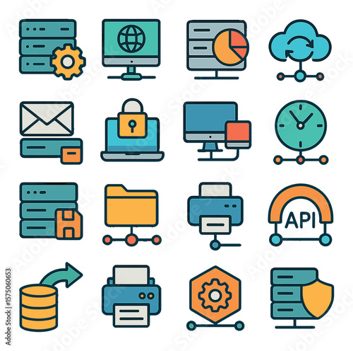 Network Services modern flat .DHCP server, DNS resolver, proxy server, cloud sync, mail server, VPN access, remote desktop, NTP clock, syslog server, LDAP directory, service port,