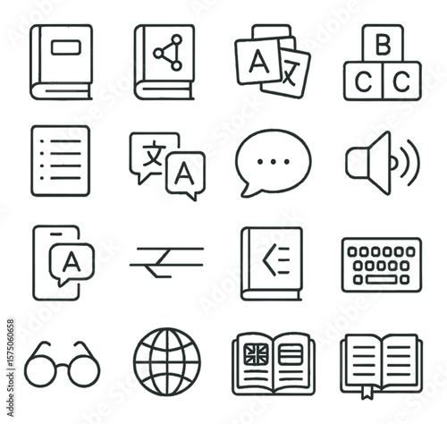 Language learning aids line art icons. dictionary, thesaurus, flashcards, alphabet blocks, verb list, translation icon, speech bubble, pronunciation speaker, language app, sentence