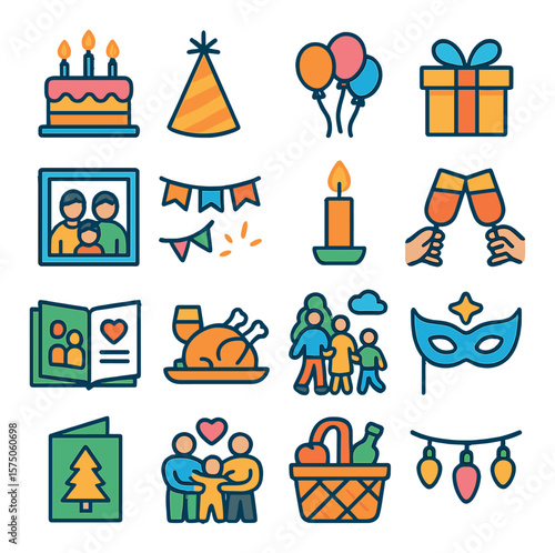Family Celebrations modern flat .Birthday cake, party hat, gift box, balloons, family photo, festive banner, candle icon, shared toast, memory scrapbook, dinner feast, family