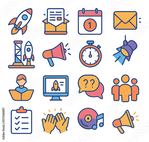 Startup Launch modern flat .Rocket icon, product release, launch date calendar, email campaign, launchpad icon, megaphone, countdown clock, spotlight icon, customer onboarding, web