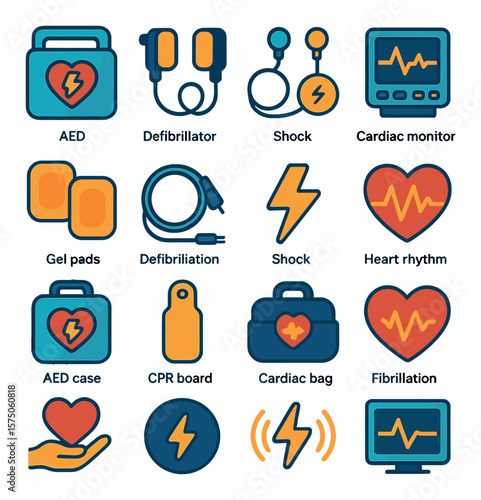 Defibrillation & Cardiac Care modern flat .AED unit, defibrillator paddles, ECG leads, cardiac monitor, gel pads, defibrillation cable, shock icon, heart rhythm icon, AED case, CPR