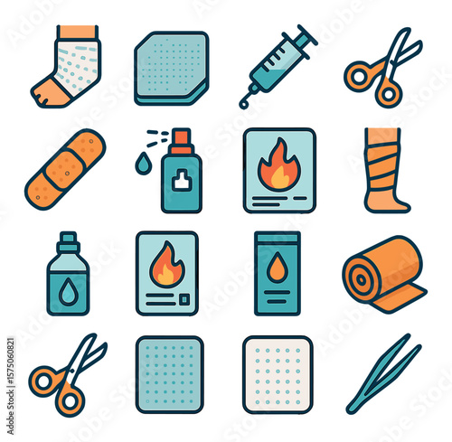 Burn & Wound Care modern flat .Burn dressing, sterile gauze, irrigation syringe, wound scissors, adhesive bandage, antiseptic spray, trauma pad, wound wrap, saline flush bottle,