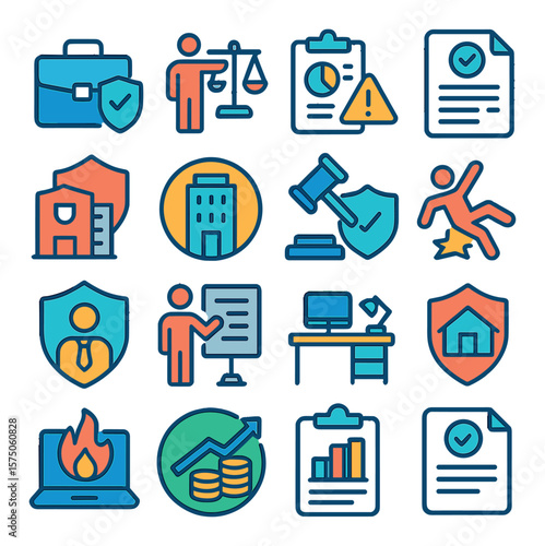 Business Insurance modern flat .Briefcase shield, liability coverage, risk assessment icon, claim document, asset protection, company property icon, legal coverage, workplace