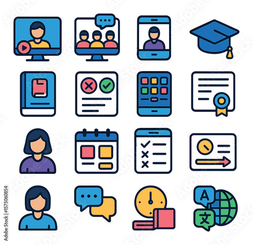 Online Learning modern flat .Online course, virtual classroom, video lecture, graduation cap, e-book, quiz window, learning app, certificate, student avatar, calendar with classes,