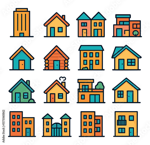 Residential Buildings modern flat .Apartment tower, suburban house, duplex home, modern villa, tiny house, cabin icon, townhouse, condo building, garden house, rural cottage,