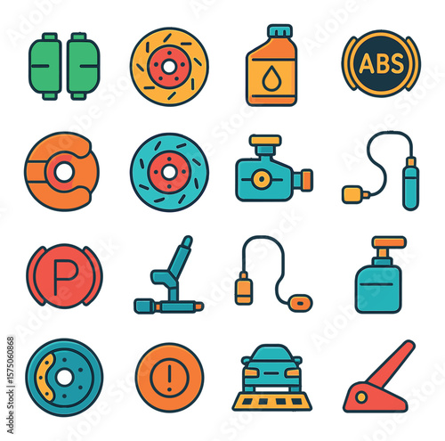 Brake System Service modern flat .Brake pads, brake disc, brake fluid, ABS light, brake caliper, brake rotor, master cylinder, brake line, parking brake, handbrake cable, brake