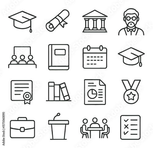 Higher Education line art icons. graduation cap, diploma scroll, university building, professor icon, lecture hall, thesis book, academic calendar, mortarboard, certificate,
