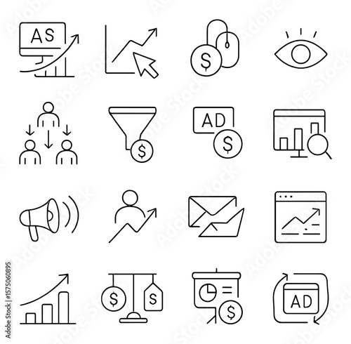 Digital marketing metrics line art icons. ad ROI, CTR chart, CPC cost, impressions icon, conversion rate, sales funnel, ad revenue, analytics bar, campaign reach, audience growth,