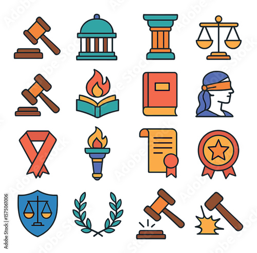 Judicial Symbols modern flat .Gavel, courthouse dome, legal pillar, law scale, judge mallet, law flame icon, rulebook, blindfolded justice, court ribbon, law torch, verdict scroll,