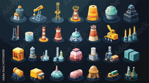 Colorful Oil Industry Cartoon Icons Set - Vector Illustration