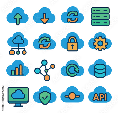 Cloud Technology modern flat .Cloud upload, cloud download, cloud sync, server stack, file sharing icon, backup icon, cloud with lock, cloud with gear, cloud analytics, distributed