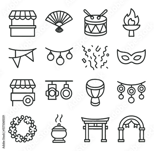 Festival street elements line art icons. food stall, paper fan, drum icon, torch flame, festival flag, hanging lights, street confetti, costume mask, vendor cart, stage lights,