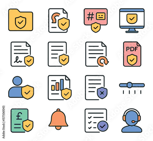 Policy Management modern flat .Policy folder, renewal icon, policy number, online portal, signature field, contract icon, update form, policy PDF, policyholder icon, coverage chart