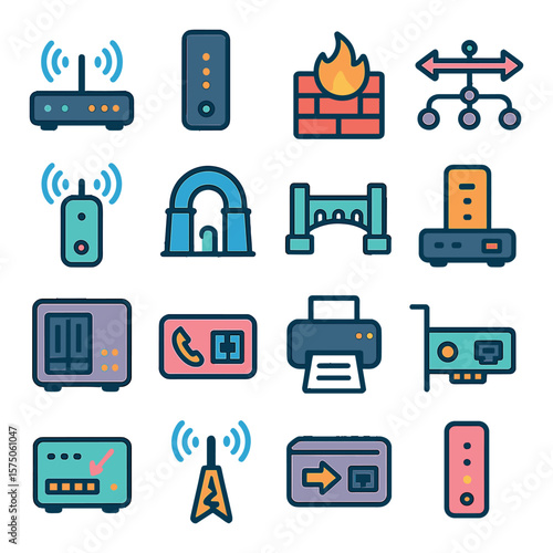 Network Devices modern flat .Router, modem, firewall, load balancer, repeater, gateway, bridge, proxy server, NAS device, VoIP adapter, print server, network card, smart switch,