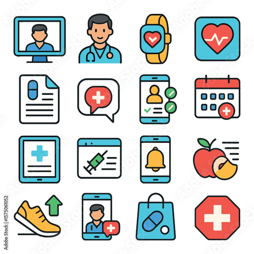 Online Health modern flat .Telemedicine screen, online doctor, health tracker, heart rate monitor, digital prescription, medical chat, symptom checker, appointment booking,