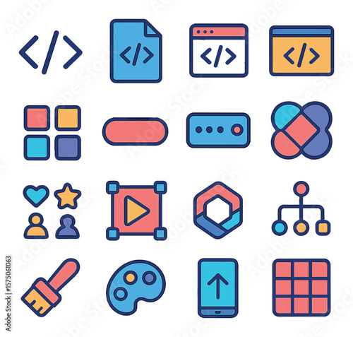 Frontend Development modern flat .HTML tag, CSS file, JavaScript code, responsive screen, design system, button UI, input field, media query, icon set, animation frame, frontend