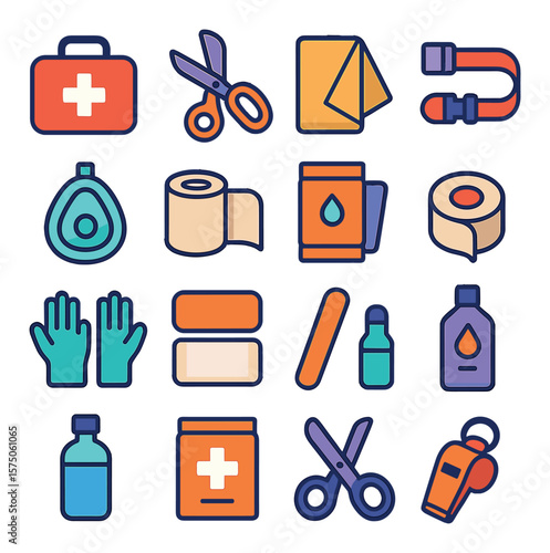 Emergency Medical Kits modern flat .First aid bag, trauma shears, emergency blanket, tourniquet, CPR mask, bandage roll, antiseptic wipes, adhesive tape, sterile gloves, trauma