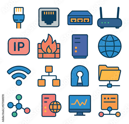Computer Networking modern flat .Network cable, Ethernet port, switch hub, router icon, IP address icon, firewall, data server, internet globe, Wi-Fi signal, LAN symbol, VPN tunnel