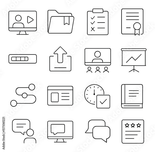 Online learning tools line art icons. video lecture, course folder, quiz icon, certificate, progress bar, assignment upload, webinar icon, whiteboard screen, learning path, content