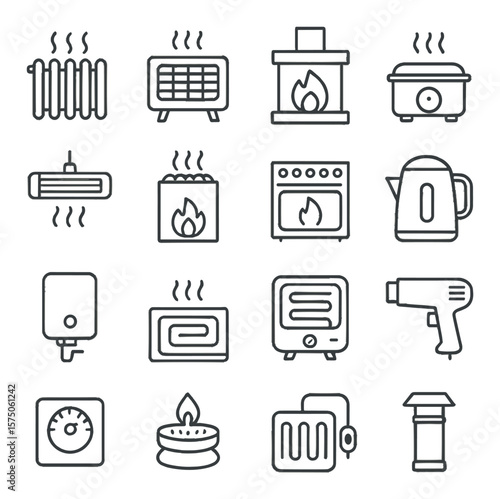 Heating devices line art icons. radiator, electric heater, fireplace, hotplate, infrared lamp, sauna stove, oven, kettle, water heater, floor heating, coil heater, heat gun,