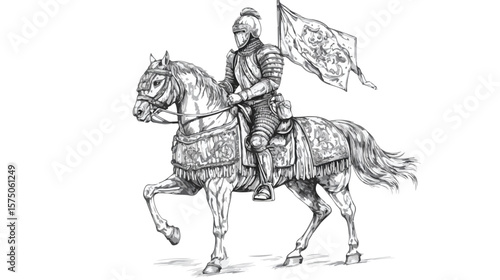 Ancient Russian Knight in Full Armor and Helmet on Horseback