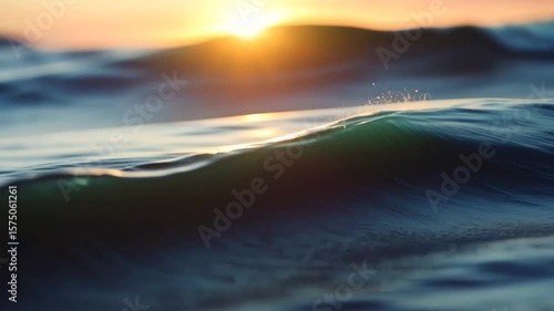 Close-up shot of water surface reflecting sunset colors creating a warm and peaceful atmosphere. The rippling waves and golden sunlight create a mesmerizing effect