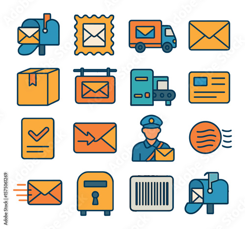 Postal Services modern flat .Mailbox icon, postage stamp, mail truck, letter envelope, parcel box, post office sign, sorting machine, address label, delivery slip, return envelope,