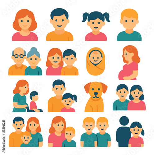 Family Roles modern flat .Mother icon, father icon, daughter figure, son figure, grandparents, sibling icon, baby icon, pregnant mother, caregiver, guardian icon, family pet,