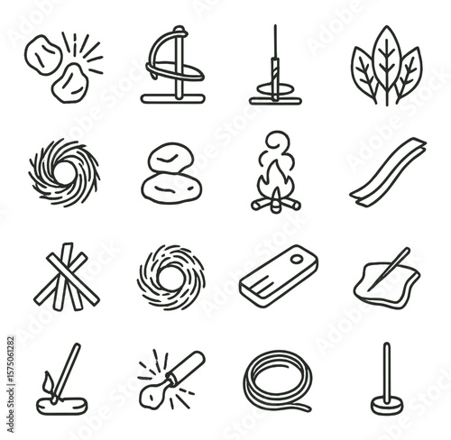 Primitive fire methods line art icons. flint spark, bow drill, hand drill, dry leaves, tinder bundle, fire stones, smoke signal, bark strip, kindling, ember nest, fireboard, char