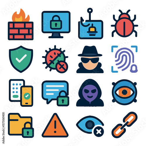 Internet Security modern flat .Firewall, padlock on screen, phishing hook, malware bug, shield with check, antivirus icon, incognito browser, biometric fingerprint, 2FA icon,