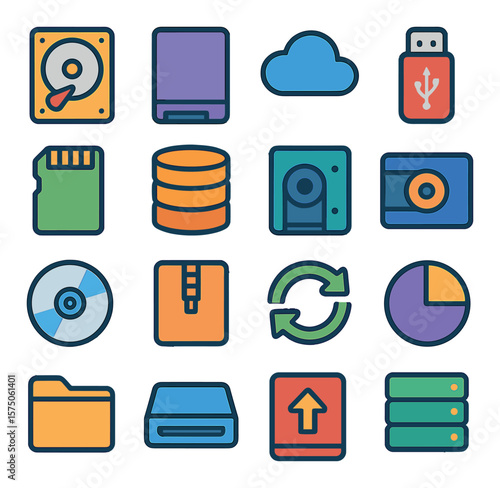 Digital Storage modern flat .Hard disk, solid state drive, cloud storage, USB stick, SD card, RAID array, network attached storage, tape backup, CD/DVD disc, file archive, data