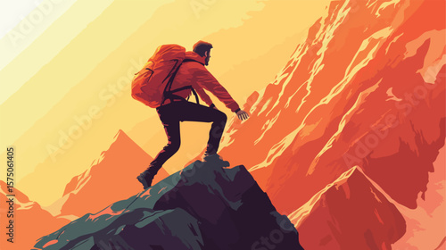 Courageous Man Climbing Treacherous Mountain Slope Conquering Risks