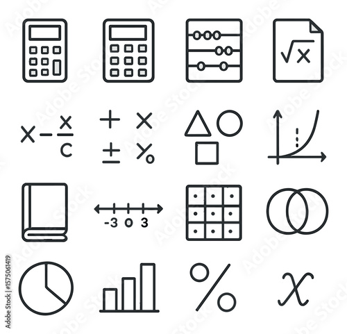 Mathematical tools line art icons. calculator, graphing calculator, abacus, math formula sheet, equation icon, algebra symbols, geometric shapes, function graph, math textbook,