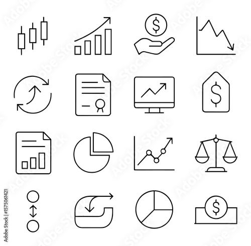 Investment portfolio line art icons. stock icon, growth bar, dividend payout, risk graph, return rate, bond symbol, ETF chart, market value, holding report, portfolio mix, gain