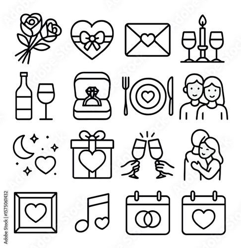 Romantic celebration line art icons. rose bouquet, heart box, love letter, candlelit dinner, wine bottle, ring box, date night plate, couple icon, starry sky, chocolate heart,