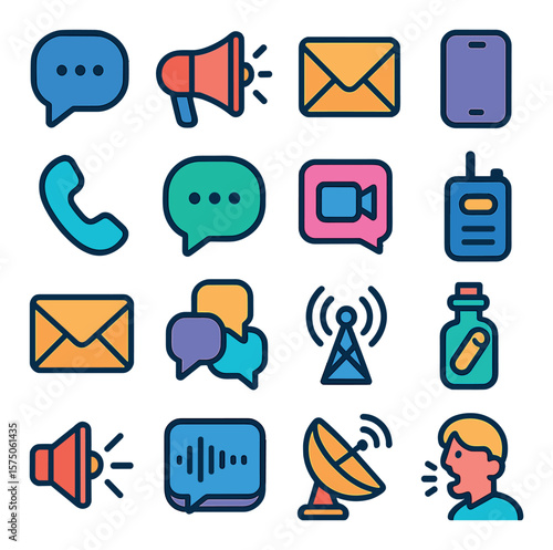 Communication Methods modern flat .Speech bubble, megaphone, email envelope, mobile phone, landline phone, chat app icon, video call, walkie-talkie, mail letter, group chat,