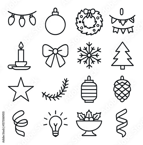 Holiday decorations line art icons. string lights, hanging ornament, wreath, garland, candle holder, festive bow, snowflake decor, tabletop tree, wall star, tinsel strand, paper