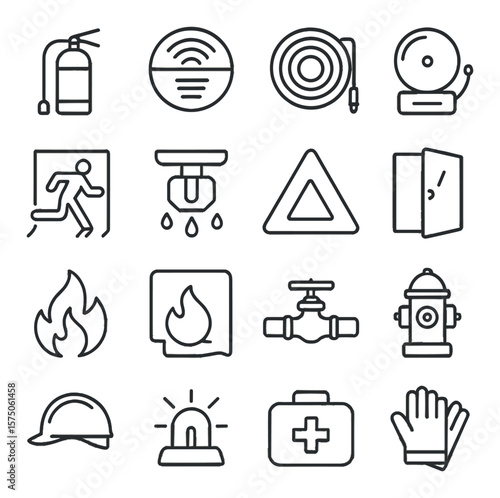 Fire safety equipment line art icons. fire extinguisher, smoke detector, fire hose, fire alarm, emergency exit, sprinkler head, safety sign, fireproof door, flame icon, fire
