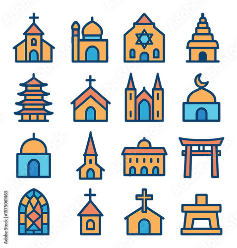 Religious Buildings modern flat .Church, mosque, synagogue, temple, pagoda, chapel, cathedral, prayer room, dome structure, steeple icon, monastery, shrine gate, stained glass