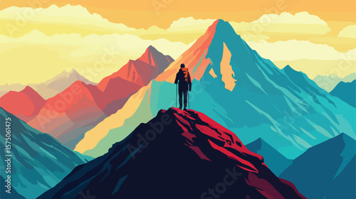 Solo Hiker Conquering Majestic Mountain Peak Exploration