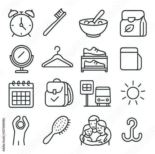 Morning routine line art icons. alarm clock, toothbrush, breakfast bowl, comb, mirror, clothes hanger, shoe rack, packed lunch, calendar, backpack check, bus stop, sunshine icon,