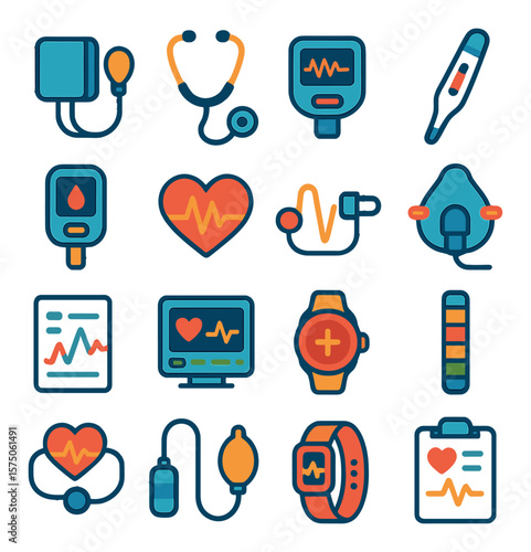 Vital Signs Monitoring modern flat .Blood pressure cuff, stethoscope, pulse oximeter, thermometer, glucometer, heart monitor, EKG cable, respiration mask, vital signs chart,