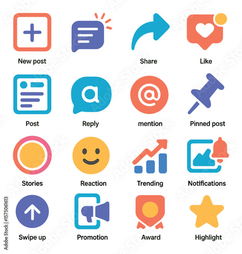 Social Media Posts modern flat .New post icon, announcement bubble, share icon, like alert, post feed, reply message, mention tag, pinned post, story ring, reaction emoji, trending