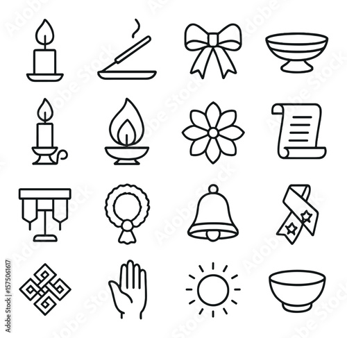 Ceremonial celebration symbols line art icons. candle flame, incense stick, ceremonial ribbon, offering tray, altar candle, unity flame, prayer flower, scroll icon, ceremony stand,
