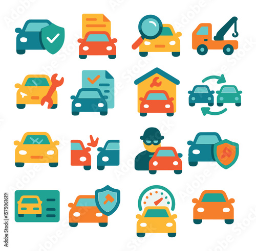 Car Insurance modern flat .Car with shield, accident report, vehicle inspection, towing service, roadside assistance, claim form, repair shop, replacement car, broken windshield,