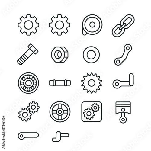 Mechanical components line art icons. gear, cogwheel, pulley, chain link, bolt, nut, washer, crank, bearing, shaft, sprocket, lever, gear assembly, flywheel, gearbox, piston.