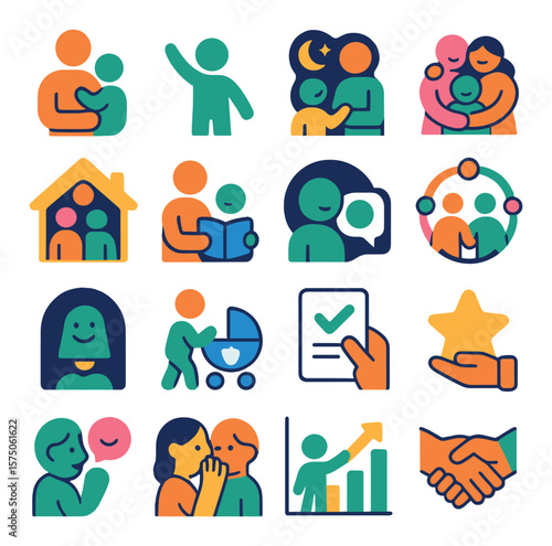 Child and Parent Trust modern flat .Parent holding child, child with hand up, bedtime promise, family hug, safe home icon, storytime trust, open talk bubble, trust circle,