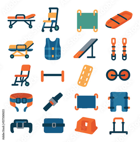 Rescue & Transport Gear modern flat .Stretcher, stair chair, transport sheet, rescue sled, ambulance cot, patient harness, loading ramp, transport straps, evacuation chair, carry