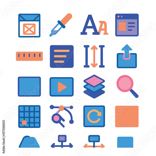 Web Design Tools modern flat .Wireframe tool, color picker, font selector, UI kit, design ruler, alignment tool, spacing icon, export button, artboard icon, preview mode, layers